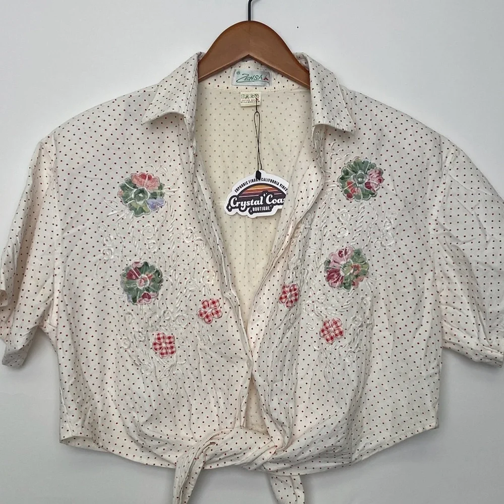 Cropped floral Embroidered polka dot vintage top - Picture 1 of 6